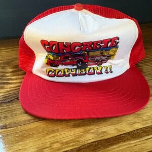 Vintage Concrete Cowboy Red Trucker Hat Mesh Snapback Cap Red White Graphic